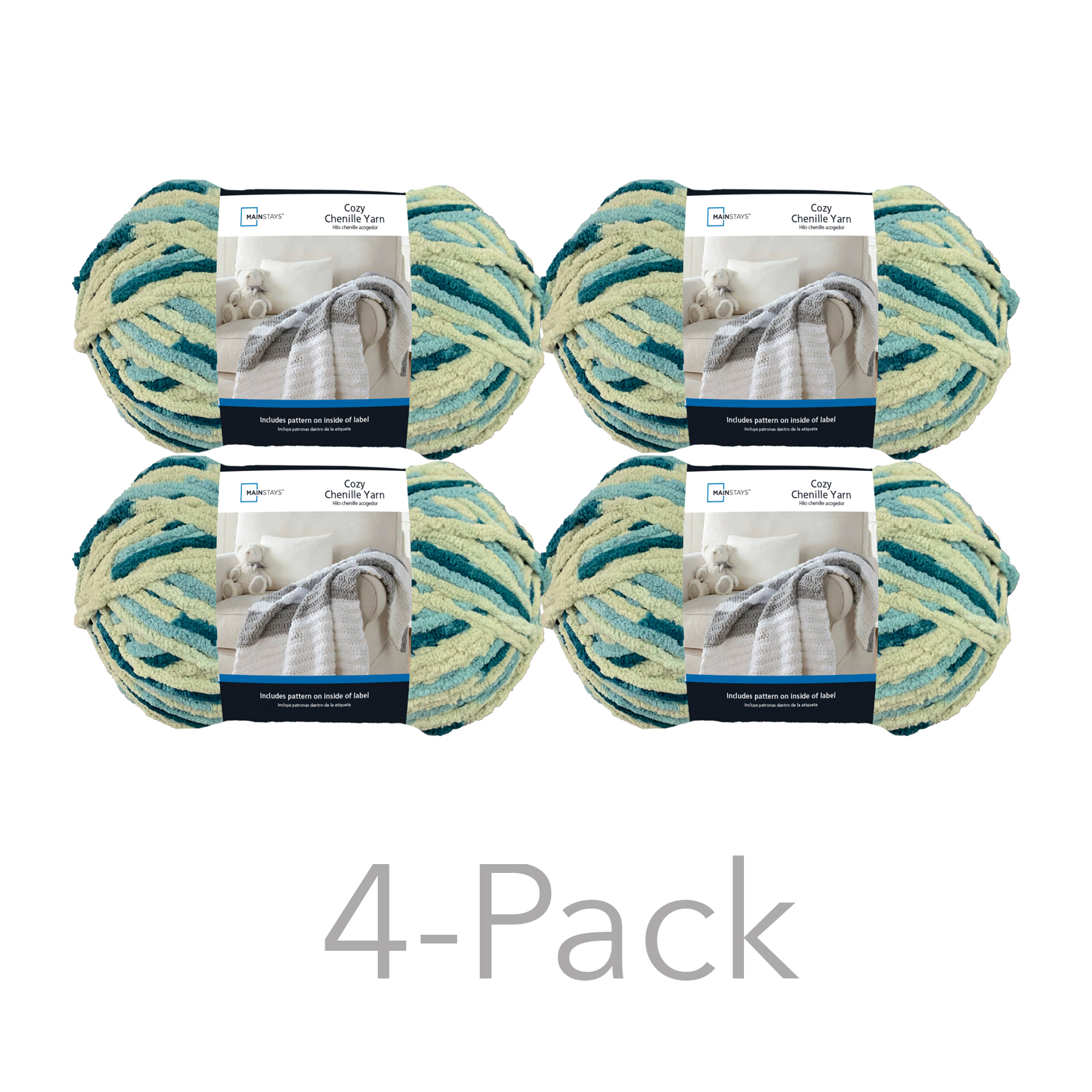 Mainstays Cozy Chenille Yarn, 220 yd, Multi Teal, 100% Polyester, Super Bulky, Pack of 4